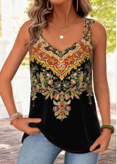 Black Tribal Print Tie Sleeveless V Neck Tank Top