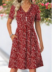 Wine Red Ditsy Floral Print Tuck Stitch Dress