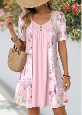 Pink Floral Print Fake 2in1 Short Sleeve Dress