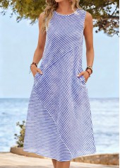 Blue Striped Patchwork Sleeveless Round Neck Dress