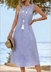 Blue Striped Patchwork Sleeveless Round Neck Dress | thumb picture 
