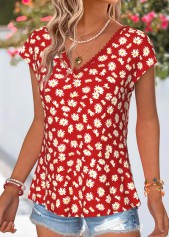 Red Daisy Print Bowknot Short Sleeve T Shirt | thumb picture 