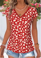 Red Daisy Print Bowknot Short Sleeve T Shirt | thumb picture 