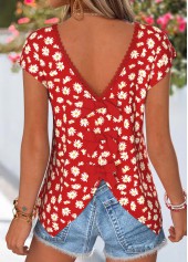 Red Daisy Print Bowknot Short Sleeve T Shirt