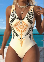 Beige Ruched Tribal Print One Piece Swimwear | thumb picture 