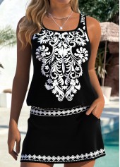 Black Mid Waisted Tummy Coverage Tribal Print Tankini Set