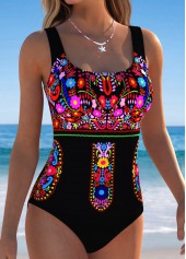 Black Tummy Coverage Tribal Print One Piece Swimwear | thumb picture 