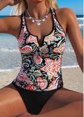 Black Mid Waisted Ruched Paisley Print Tankini Set