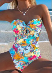 Cyan Cut Out Tribal Print One Piece Swimwear