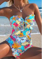 Cyan Cut Out Tribal Print One Piece Swimwear | thumb picture 