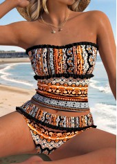 Orange Mid Waisted Patchwork Tribal Print Tankini Set
