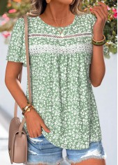 Light Green Floral Print Curved Hem T Shirt