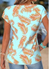 Cyan Leaf Print Curved Hem Short Sleeve T Shirt | thumb picture 