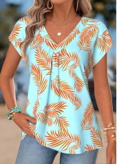 Cyan Leaf Print Curved Hem Short Sleeve T Shirt | thumb picture 