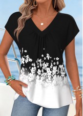 Black Floral Print Curved Hem Short Sleeve T Shirt