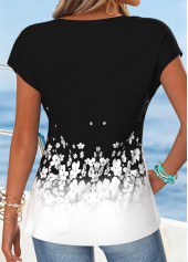 Black Floral Print Curved Hem Short Sleeve T Shirt | thumb picture 