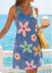 Denim Blue Floral Print Short Tummy Coverage Sleeveless Dress