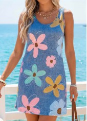 Denim Blue Floral Print Short Tummy Coverage Sleeveless Dress | thumb picture 