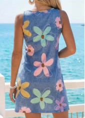 Denim Blue Floral Print Short Tummy Coverage Sleeveless Dress | thumb picture 