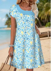 Light Blue Floral Print Short Double Side Pockets Dress | thumb picture 