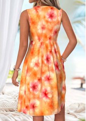 Orange Floral Print Short Shirred Sleeveless V Neck Dress | thumb picture 