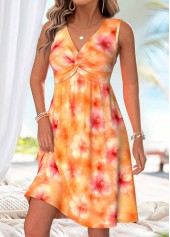 Orange Floral Print Short Shirred Sleeveless V Neck Dress | thumb picture 