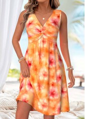 Orange Floral Print Short Shirred Sleeveless V Neck Dress
