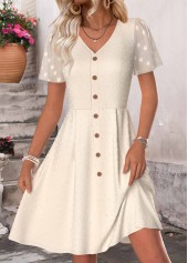 Beige Shirred Short Sleeve V Neck Dress