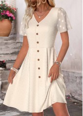 Beige Shirred Short Sleeve V Neck Dress | thumb picture 