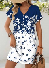 Blue Floral Print Short Tummy Coverage V Neck Dress