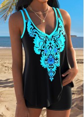 Cyan Mid Waisted Curved Hem Tribal Print Tankini Top-No Bottom | thumb picture 