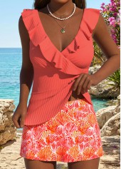 Coral Mid Waisted Ruffle Marine Life Print Tankini Set