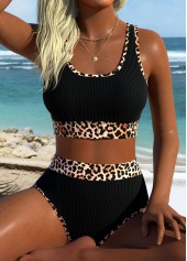 Black High Waisted Pull On Leopard Bikini Set