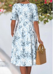 Blue Floral Print Smocked Short Sleeve Split Neck Dress | thumb picture 