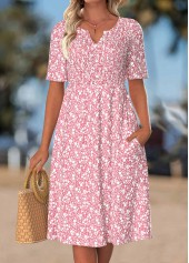 Pink Floral Print Smocked Short Sleeve Split Neck Dress