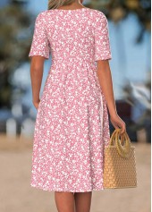 Pink Floral Print Smocked Short Sleeve Split Neck Dress | thumb picture 