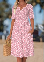 Pink Floral Print Smocked Short Sleeve Split Neck Dress | thumb picture 