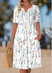 White Floral Print Smocked Short Sleeve Split Neck Dress