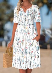 White Floral Print Smocked Short Sleeve Split Neck Dress | thumb picture 