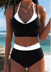 Black Mid Waisted V-Neck Bikini Set