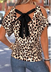 Light Camel Leopard Bowknot Short Sleeve T Shirt