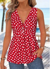 Red Polka Dot Twist Sleeveless V Neck Tank Top