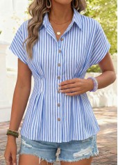 Light Blue Striped Smocked Short Sleeve Shirt Collar Blouse | thumb picture 