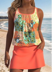 Orange Mid Waisted Two-piece Tribal Print Tankini Set
