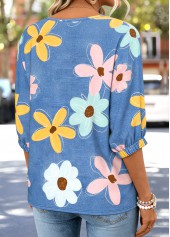 Denim Blue Floral Print Tummy Coverage 3/4 Sleeve Blouse | thumb picture 