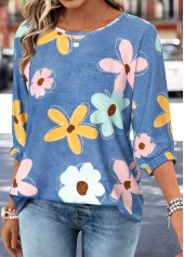 Denim Blue Floral Print Tummy Coverage 3/4 Sleeve Blouse | thumb picture 