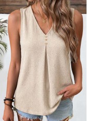 Light Coffee Pleated Sleeveless V Neck Tank Top