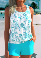 Cyan Mid Waisted Blouson Tropical Plants Print Tankini Set | thumb picture 