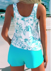 Cyan Mid Waisted Blouson Tropical Plants Print Tankini Set | thumb picture 