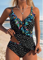 Black Mid Waisted Two-piece Polka Dot Tankini Set